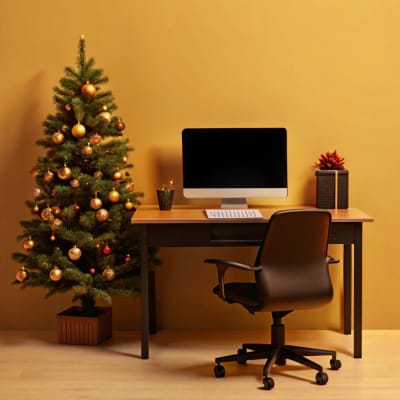 Workspace with Christmas tree workstation with Christmas tree next to it