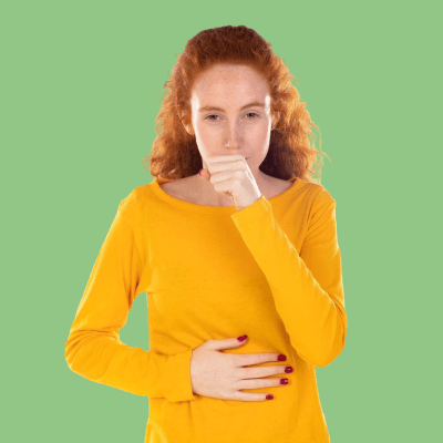 reflux post image red haired woman with one hand on stomach and the other covering her mouth