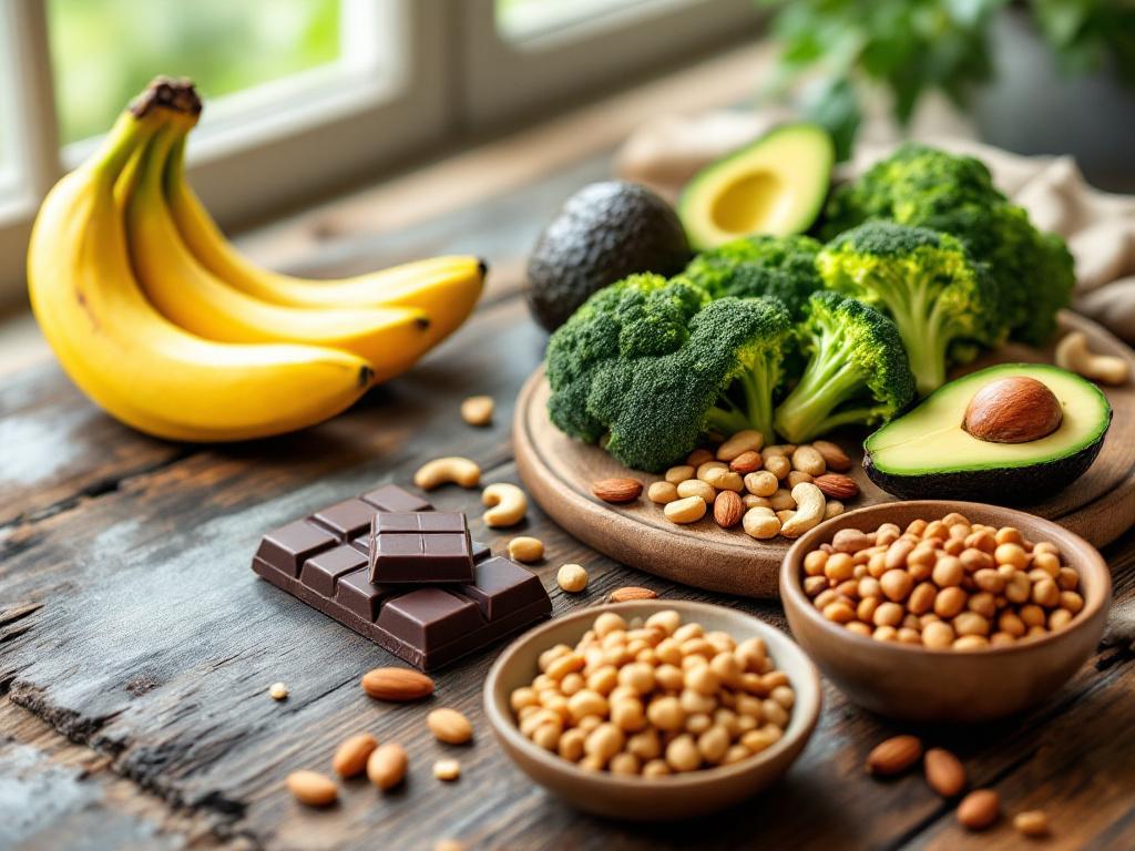 Selection of magnesium-rich foods on a wooden windowsill