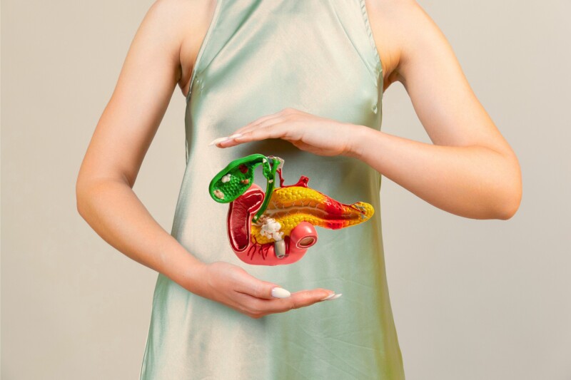 pancreactitis A female torso with hands framing an illustration of the pancreas and gallbladder