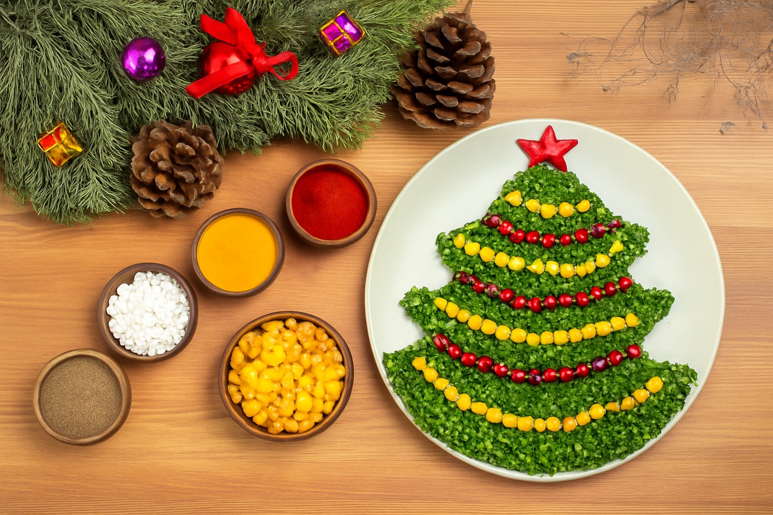A Christmas tree made from food with promegranate and sweetcorn tinsel on a plate. to the left a selection of bowls with colourful ingredients and christmas trim in the top left corner. By KamranAydinov on Freepik