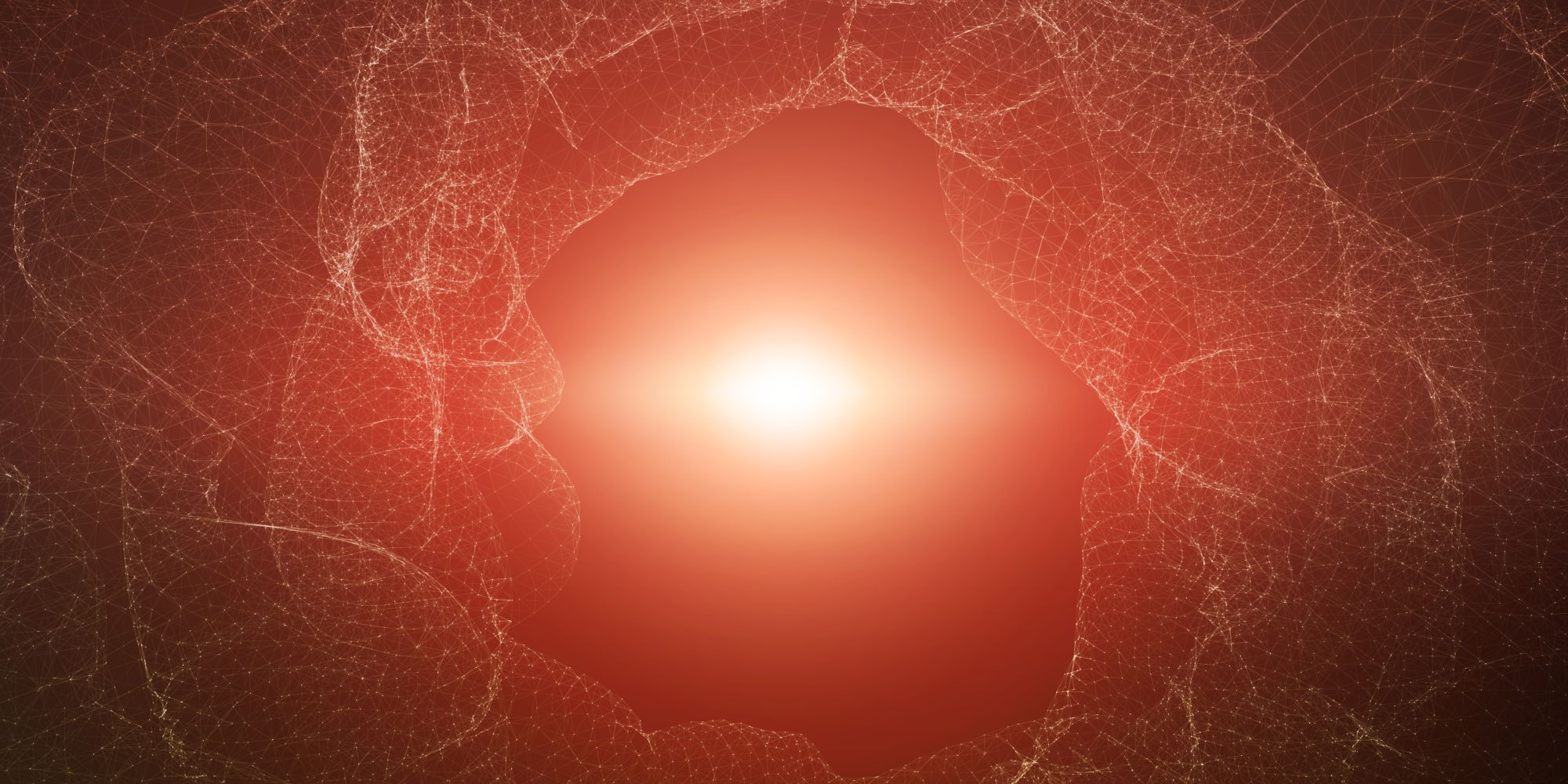 Abstract red and orange glowing background with intricate white web-like patterns around the glowing part