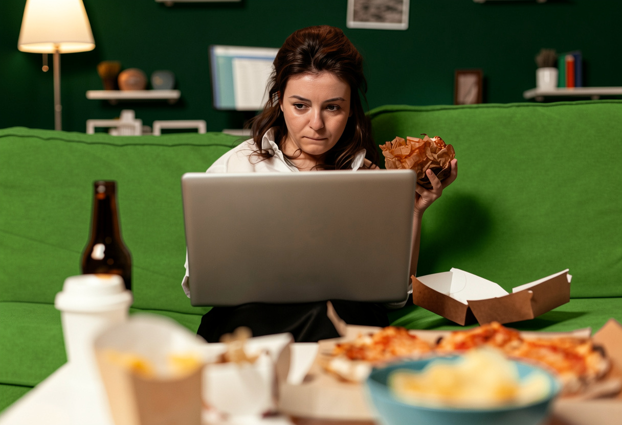 Woman focusing on laptop while sitting on sofa eating unhealthful convenience food